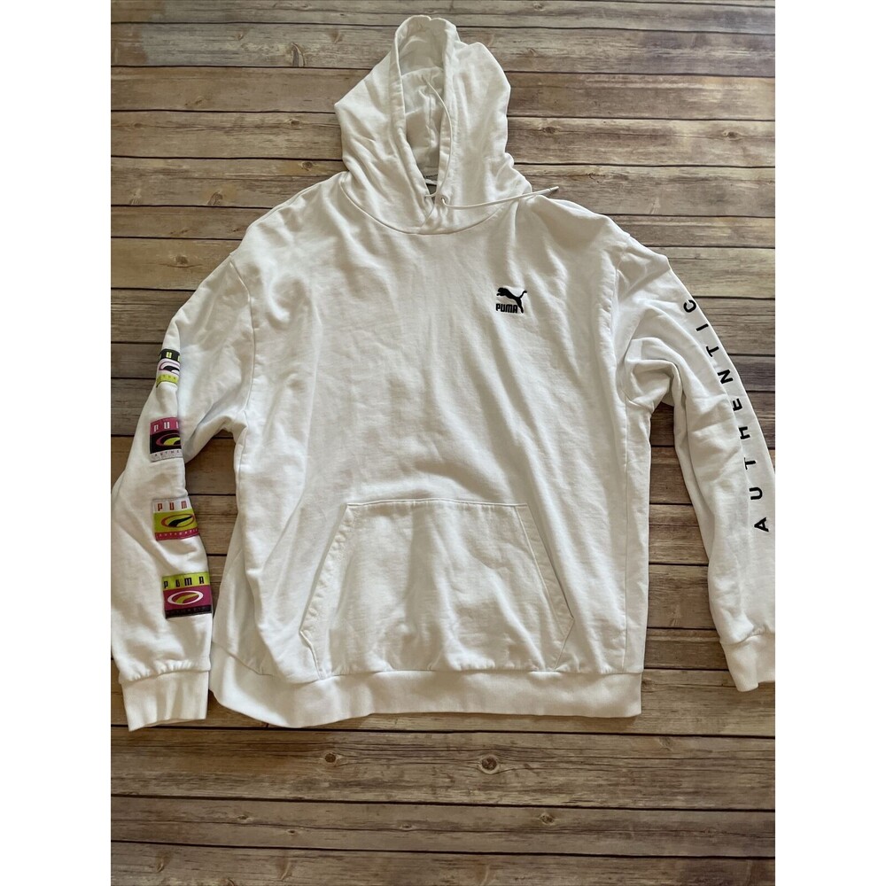 PUMA AUTHENTIC MEN'S WHITE STITCHED LONG SLEEVE HOODIE SWEATSHIRT 80s